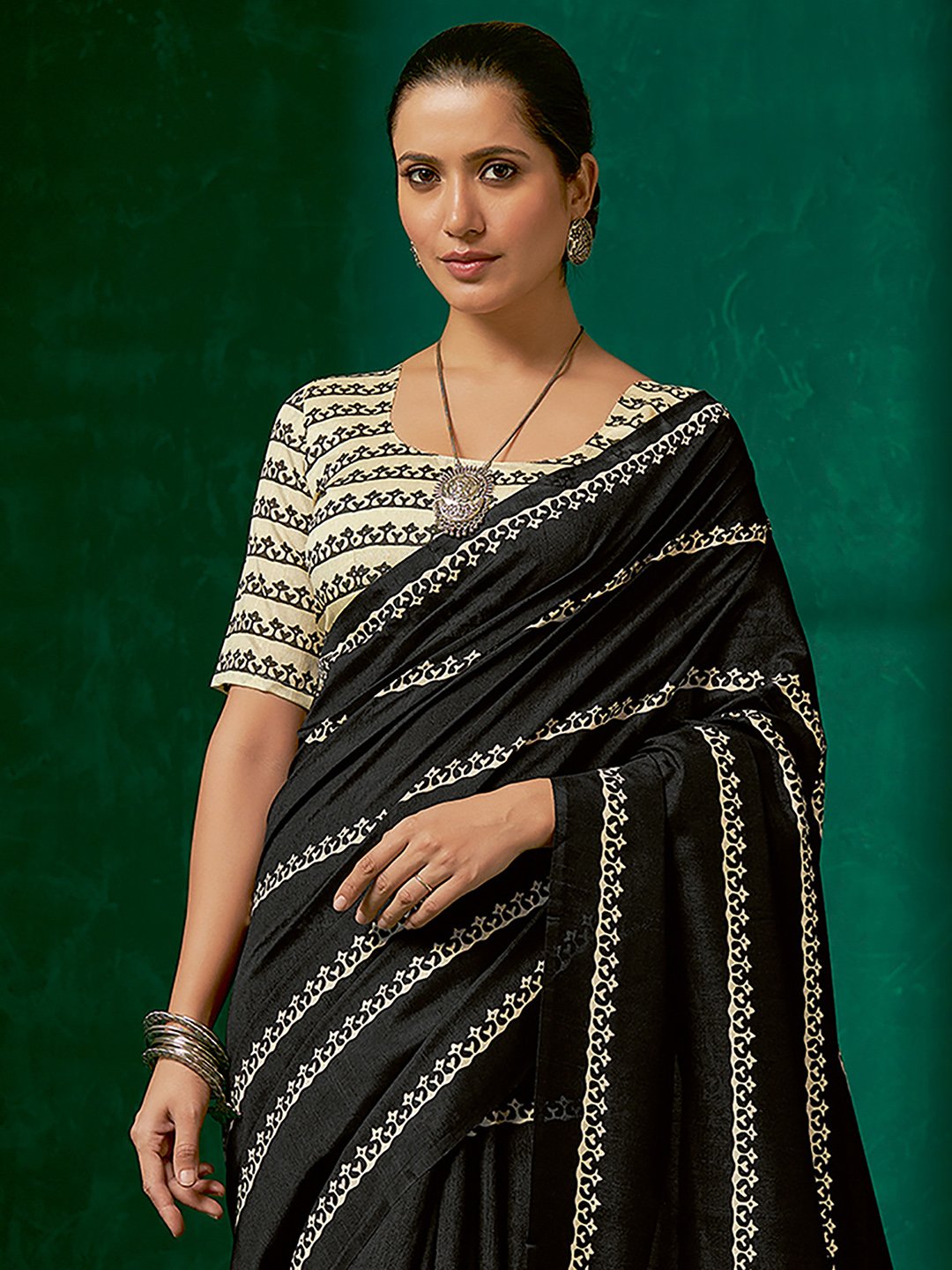 Black Block Print Bhagalpuri Silk Printed Saree