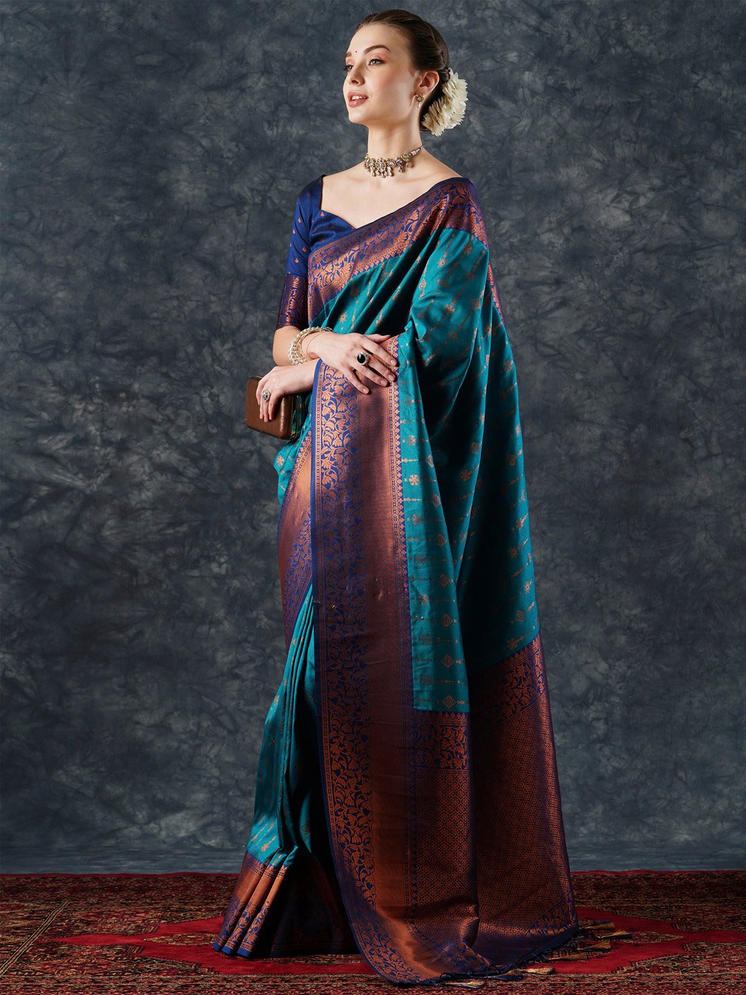 Teal Banarasi Silk Blend Woven Saree