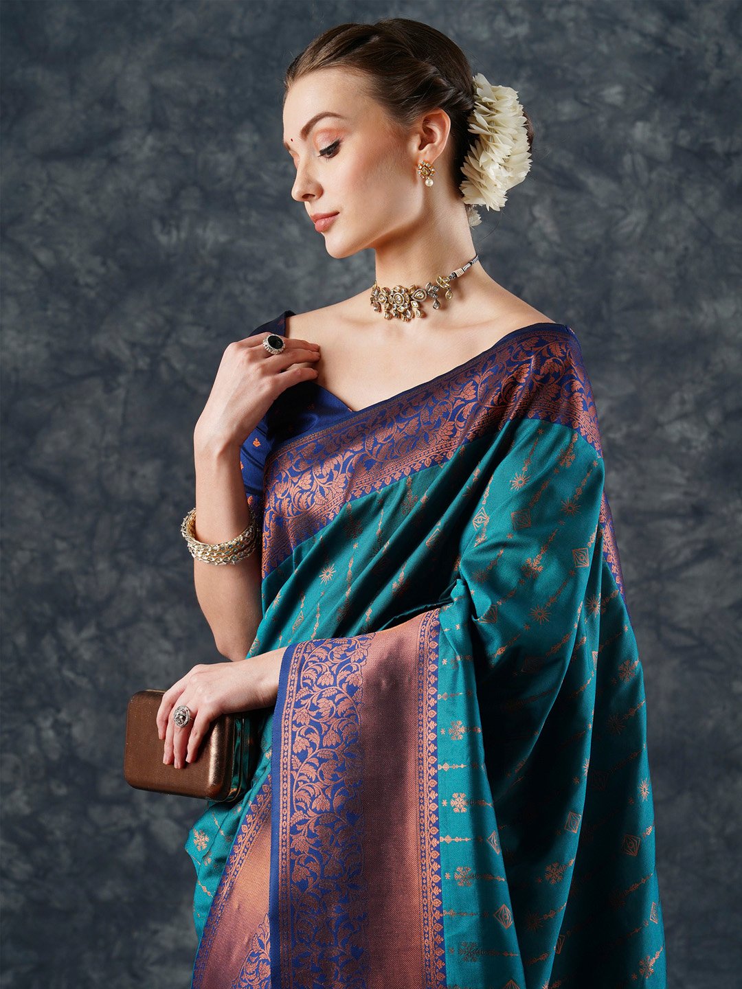 Teal Banarasi Silk Blend Woven Saree