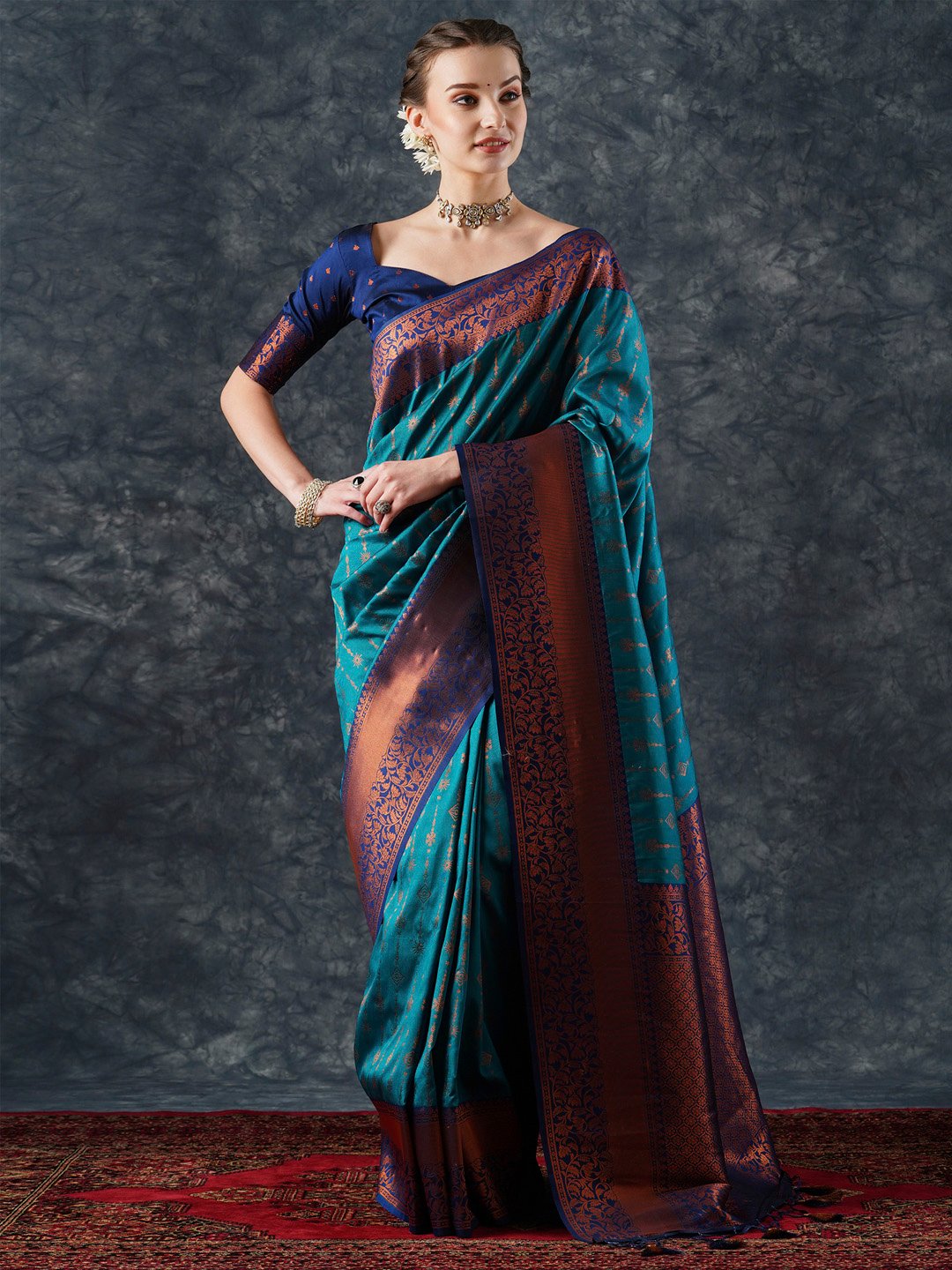 Blue Teal Banarasi Silk Blend Woven Saree