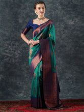 Teal Green Banarasi Silk Blend Woven Saree - The Dori Store