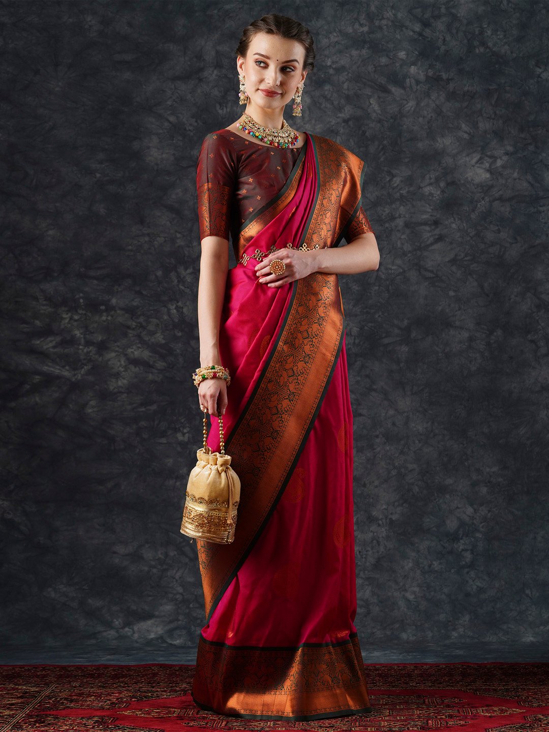 Pink Banarasi Silk Blend Woven Saree