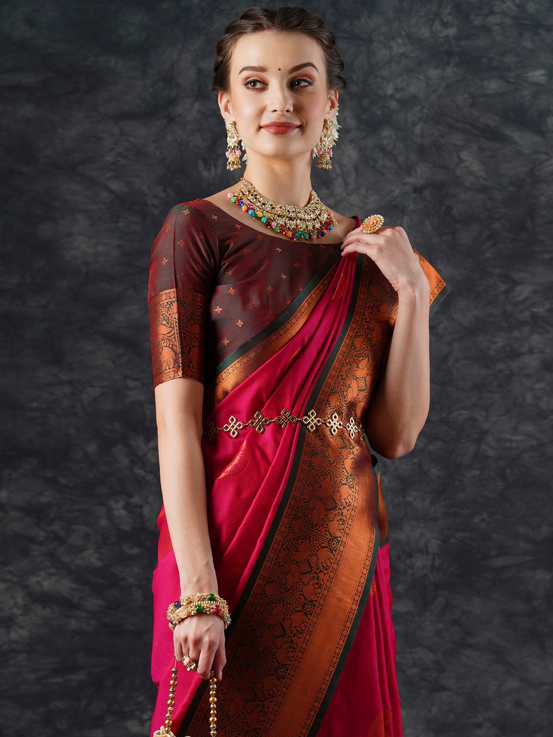 Pink Banarasi Silk Blend Woven Saree