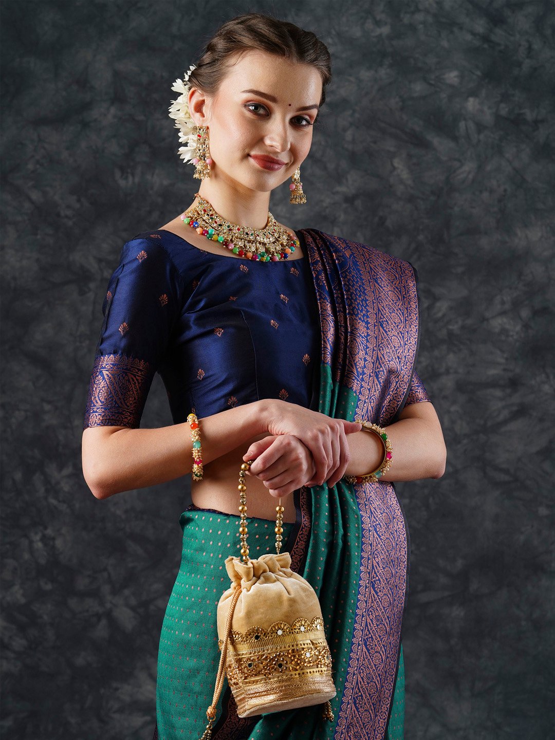 Teal Banarasi Silk Blend Woven Saree