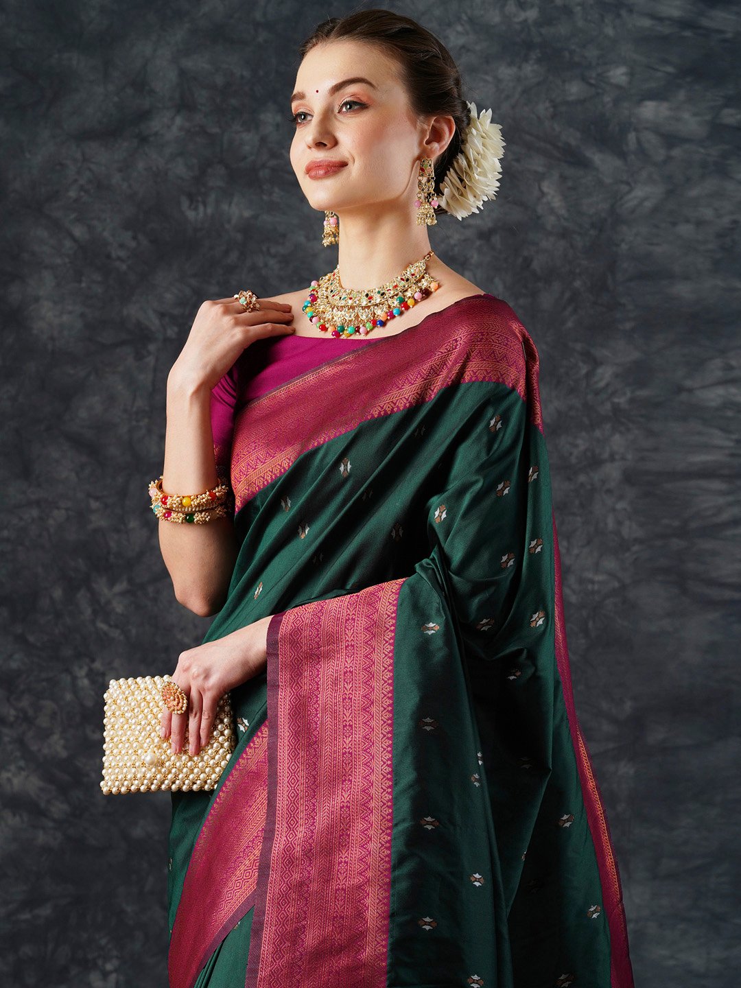 Green Banarasi Silk Blend Woven Saree