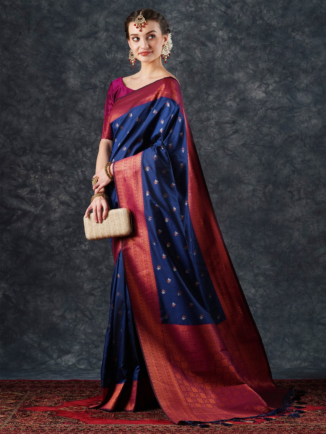 Navy Banarasi Silk Blend Woven Saree