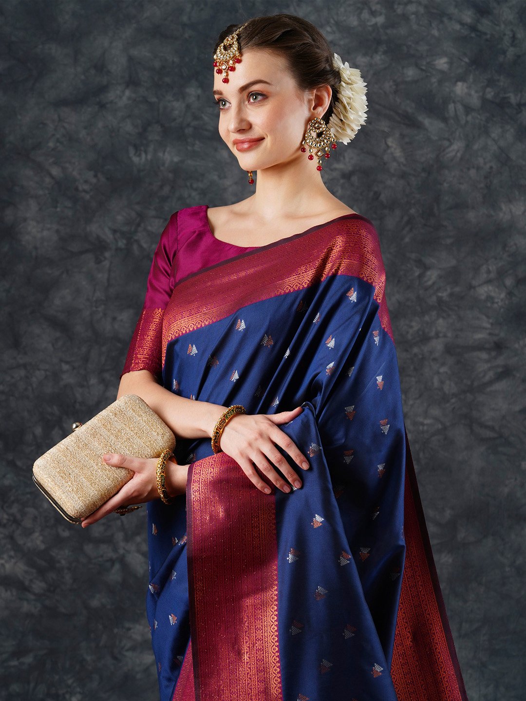 Navy Banarasi Silk Blend Woven Saree