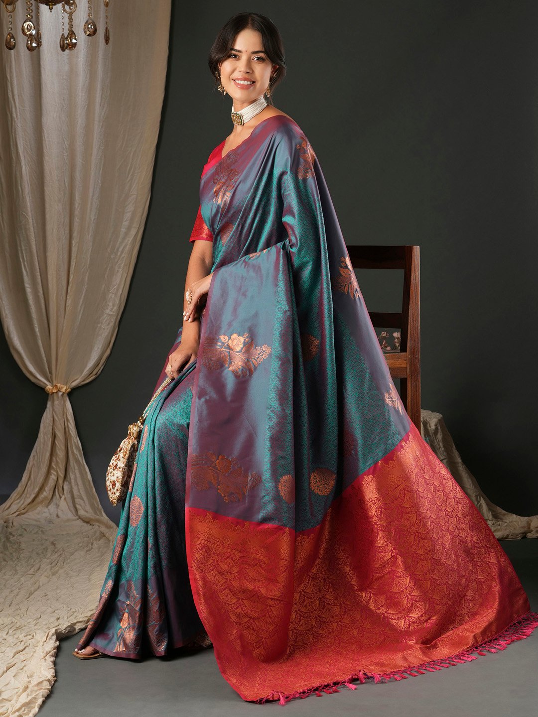 Teal Banarasi Silk Blend Woven Saree