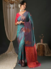 Teal Blue Banarasi Silk Blend Woven Saree - The Dori Store
