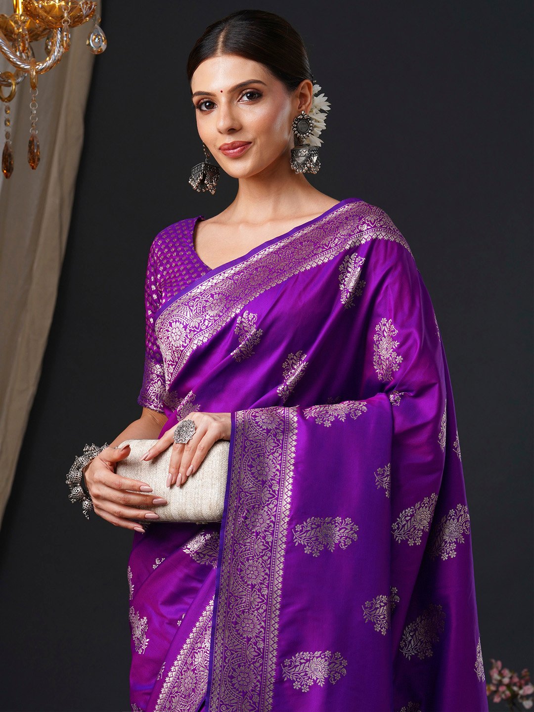Purple Banarasi Silk Blend Woven Saree