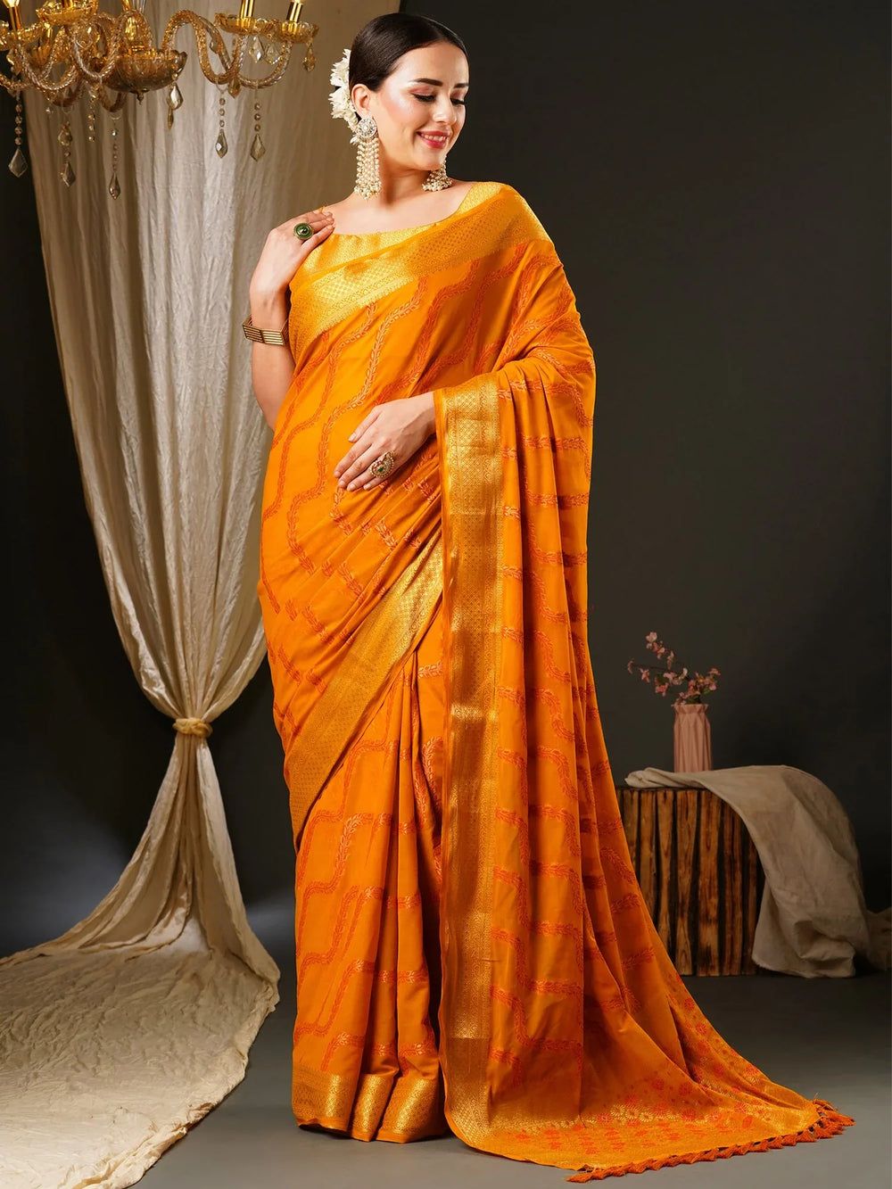 Yellow Flowing Georgette Saree - The Dori Store