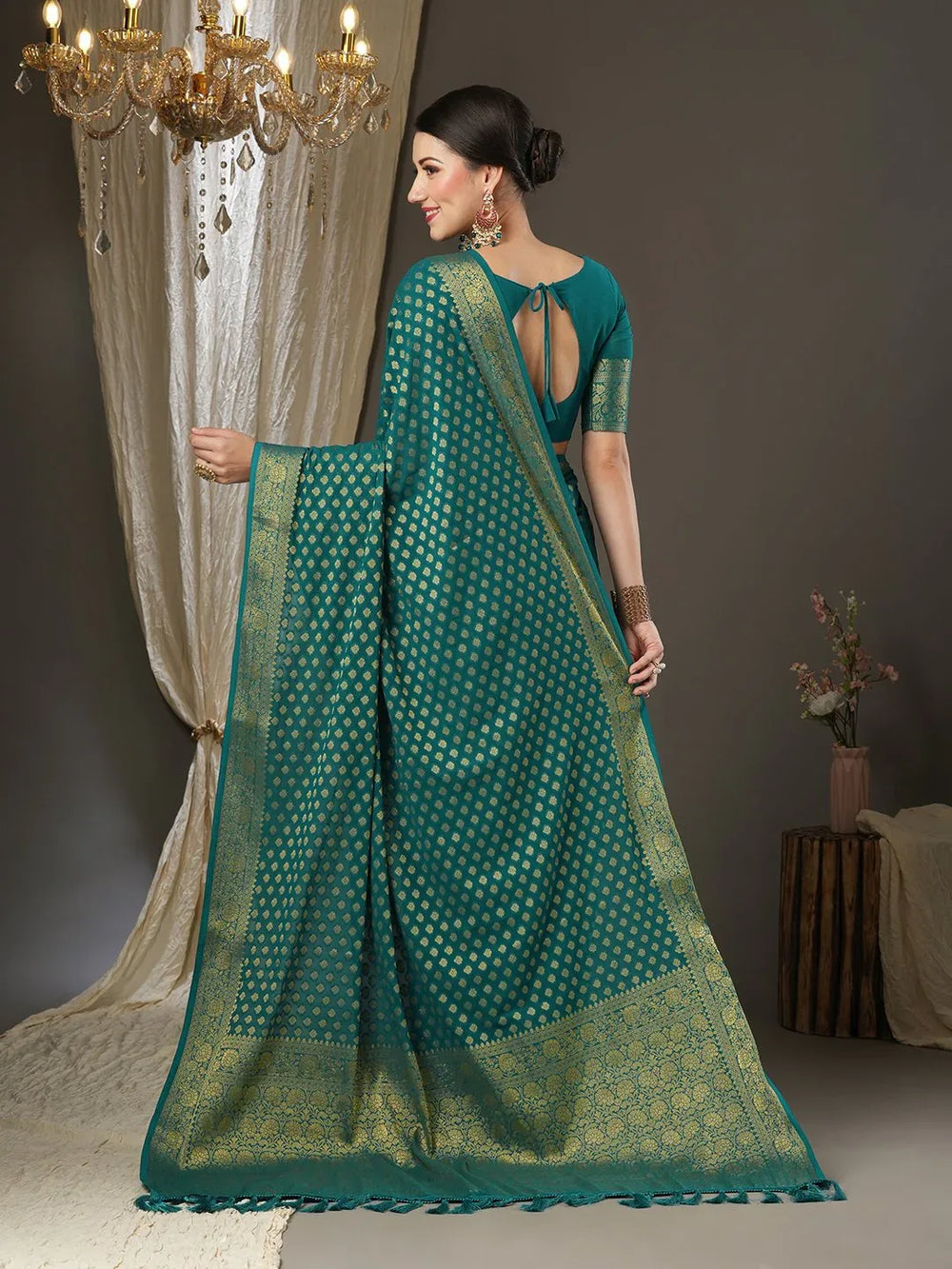 Teal Blue Kanjeevaram Georgette Woven Saree - The Dori Store
