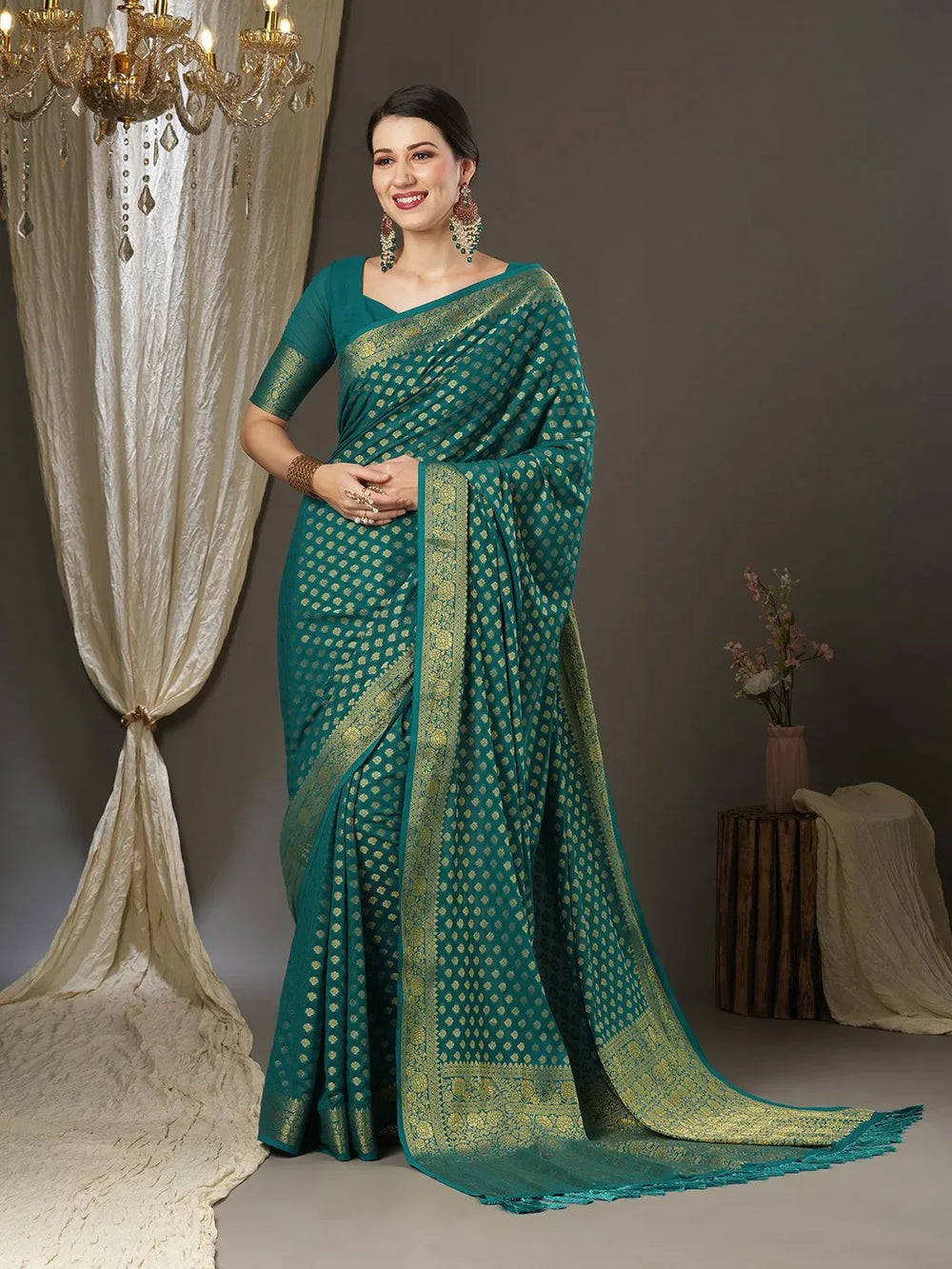 Teal Blue Kanjeevaram Georgette Woven Saree - The Dori Store