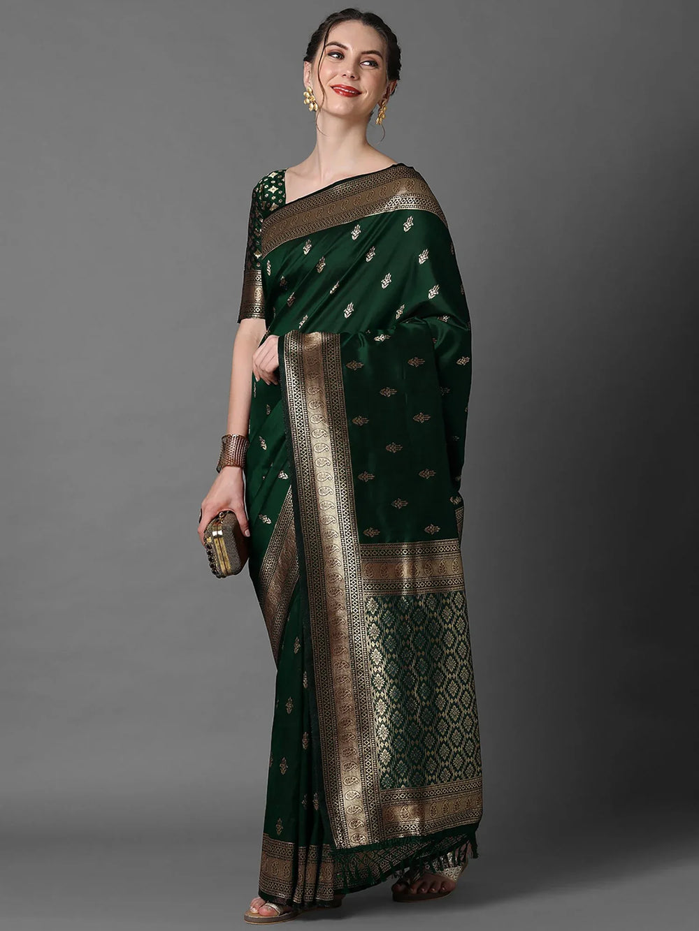 Dark Green Banarasi Silk Saree - The Dori Store