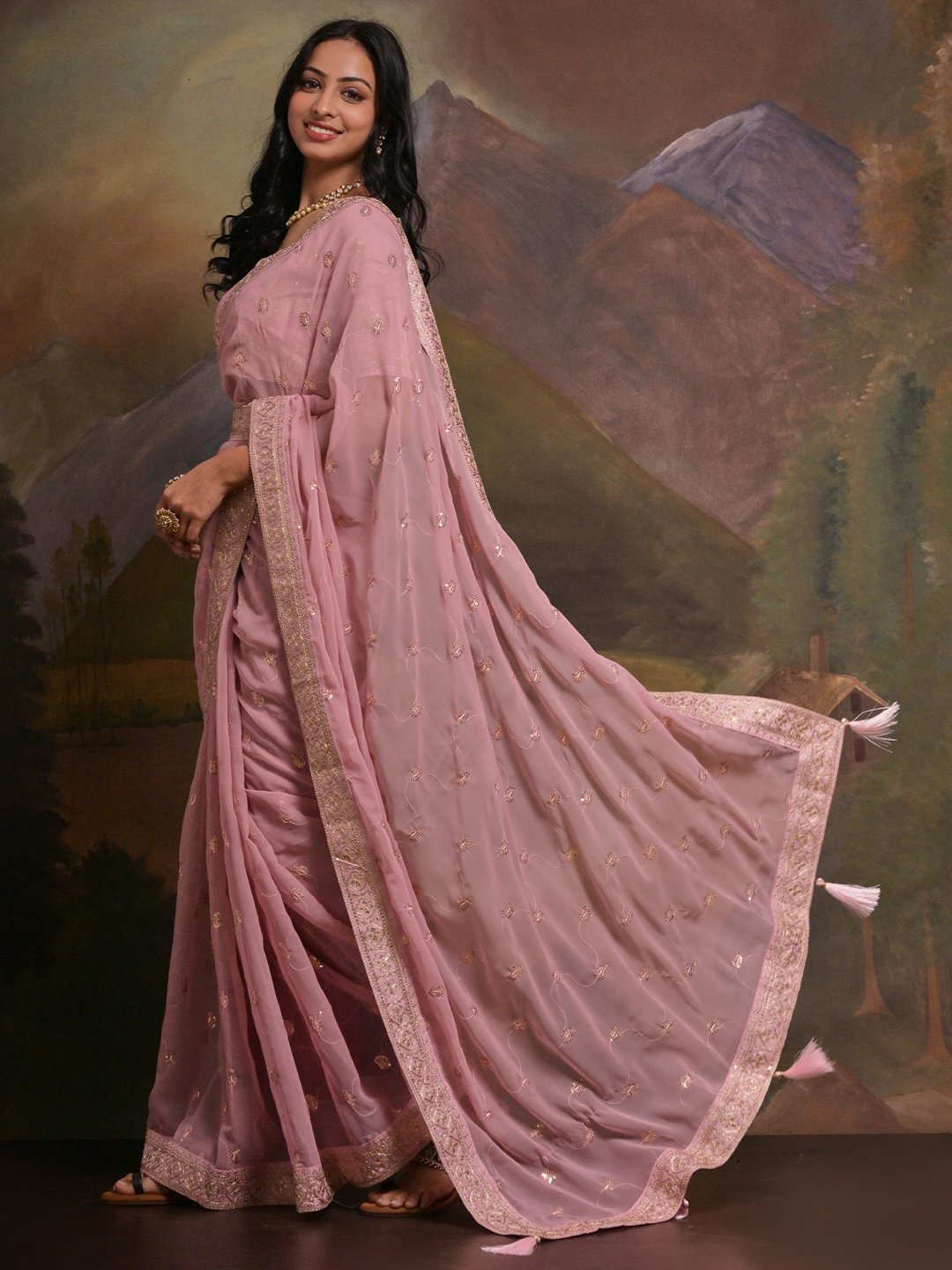 Pink Party Wear Georgette Embellished Saree
