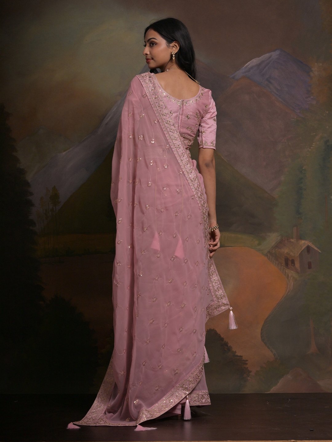 Pink Party Wear Georgette Embellished Saree