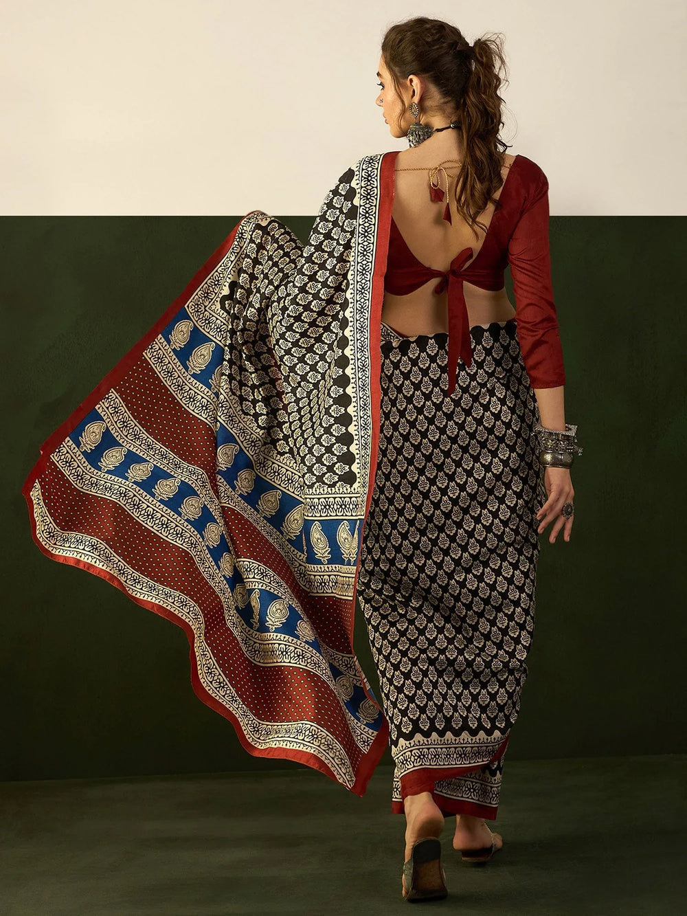 Marron and Black Bhagalpuri Silk Saree - The Dori Store