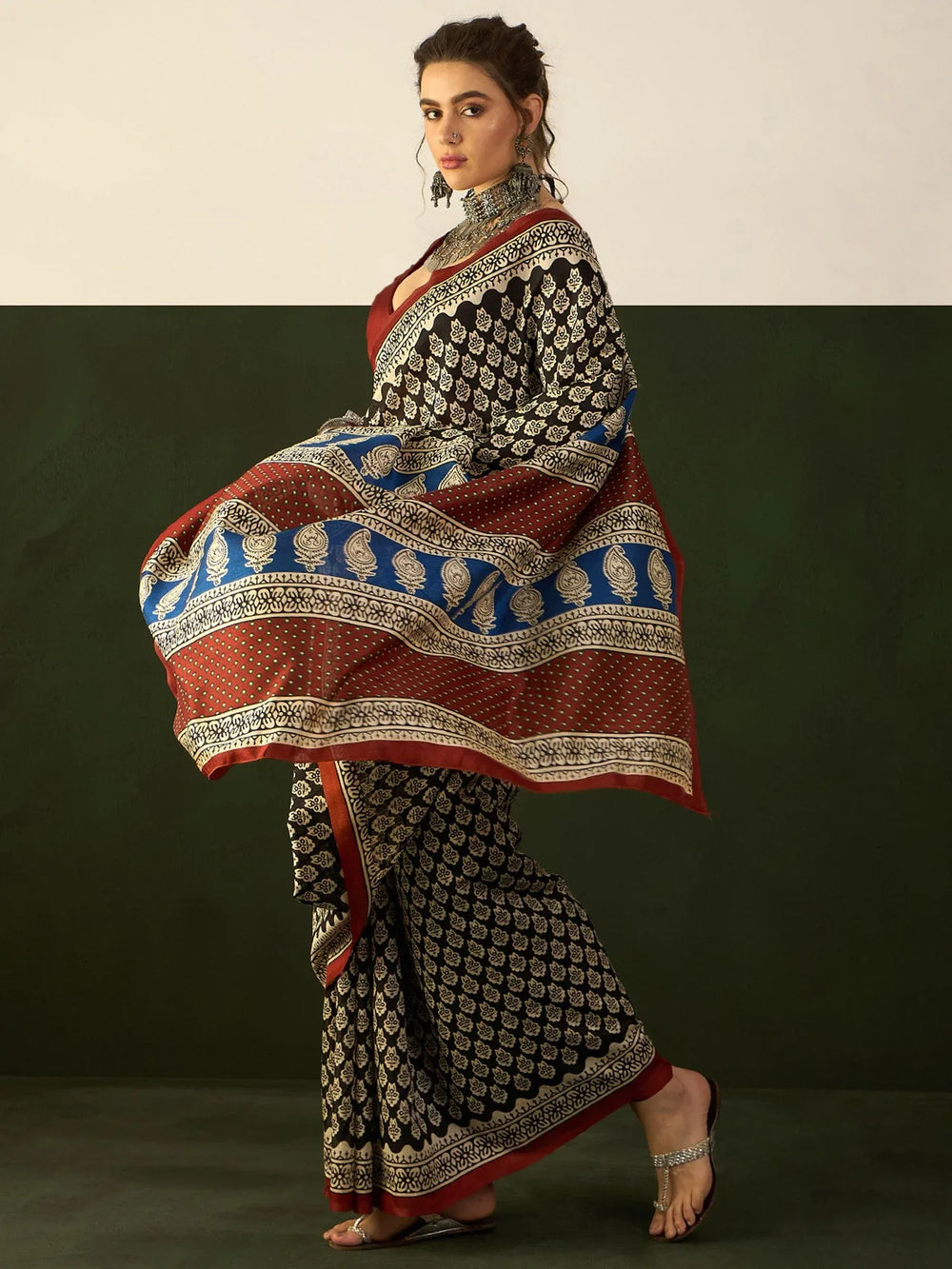 Marron and Black Bhagalpuri Silk Saree - The Dori Store