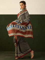 Marron and Black Bhagalpuri Silk Saree - The Dori Store