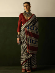 Marron and Black Bhagalpuri Silk Saree - The Dori Store