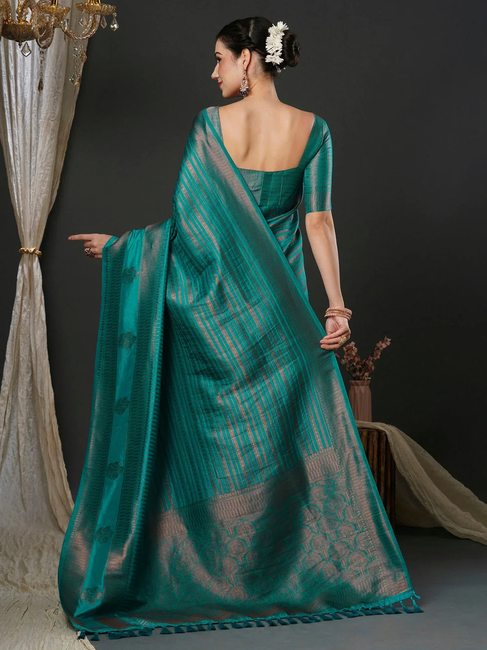 Ethnic Teal Blue Soft Silk Saree - The Dori Store