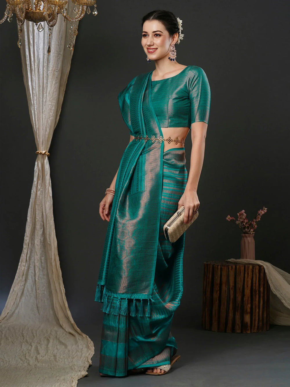 Ethnic Teal Blue Soft Silk Saree - The Dori Store