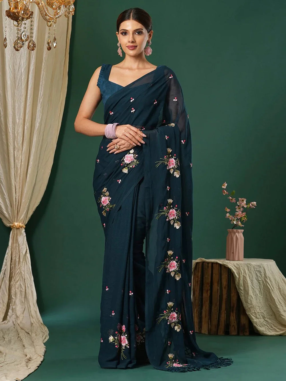 Beautiful Teal Blue Chiffon Saree - The Dori Store