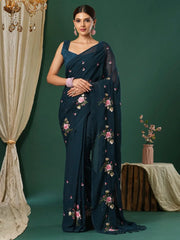 Beautiful Teal Blue Chiffon Saree - The Dori Store