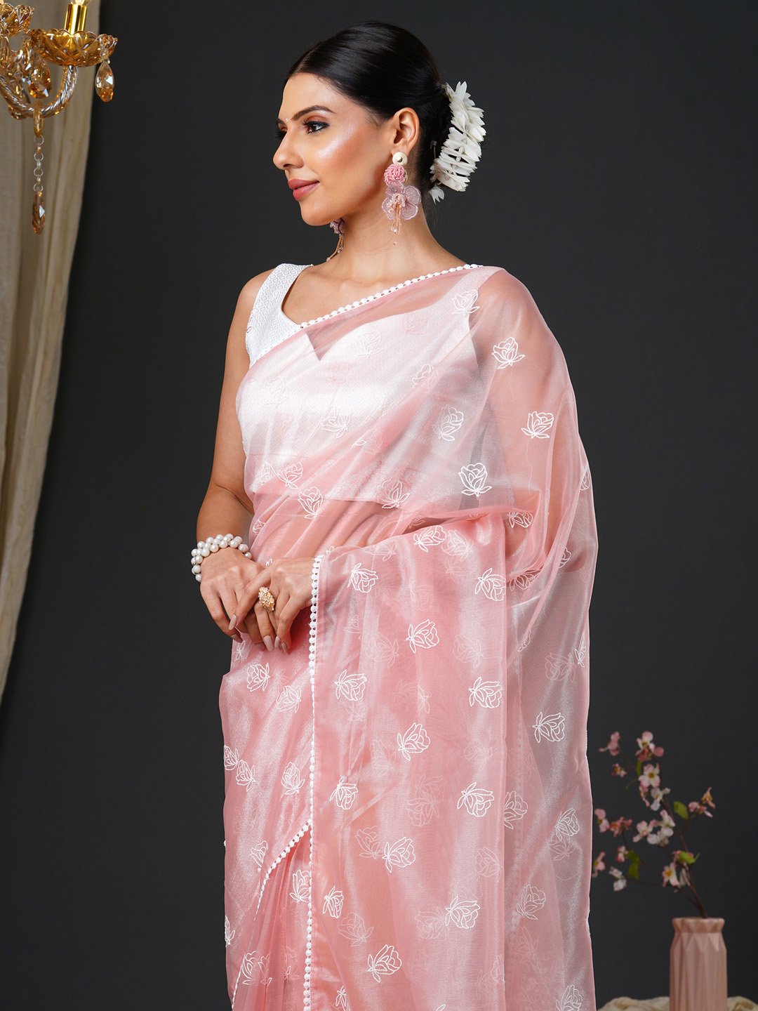 Peach Party Wear Organza Embroidered Saree