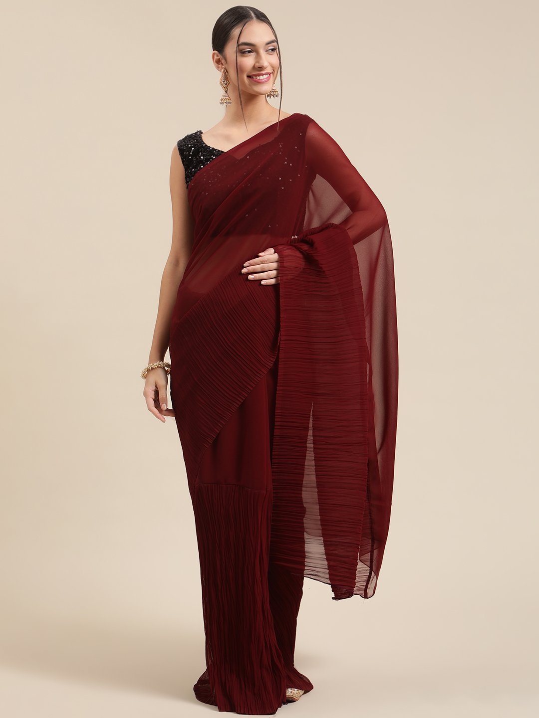 Brown Brown Party Wear Georgette  Solid Saree