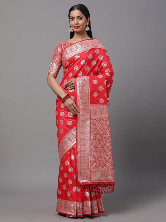Red Red Banarasi Silk Blend Woven Saree