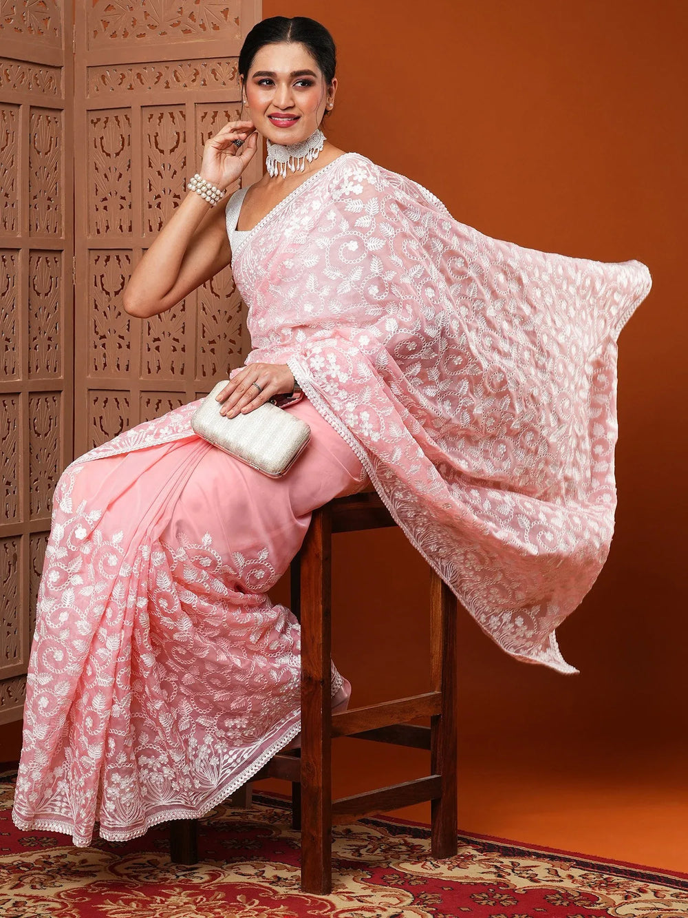 Designer Pink Organza Silk Saree - The Dori Store