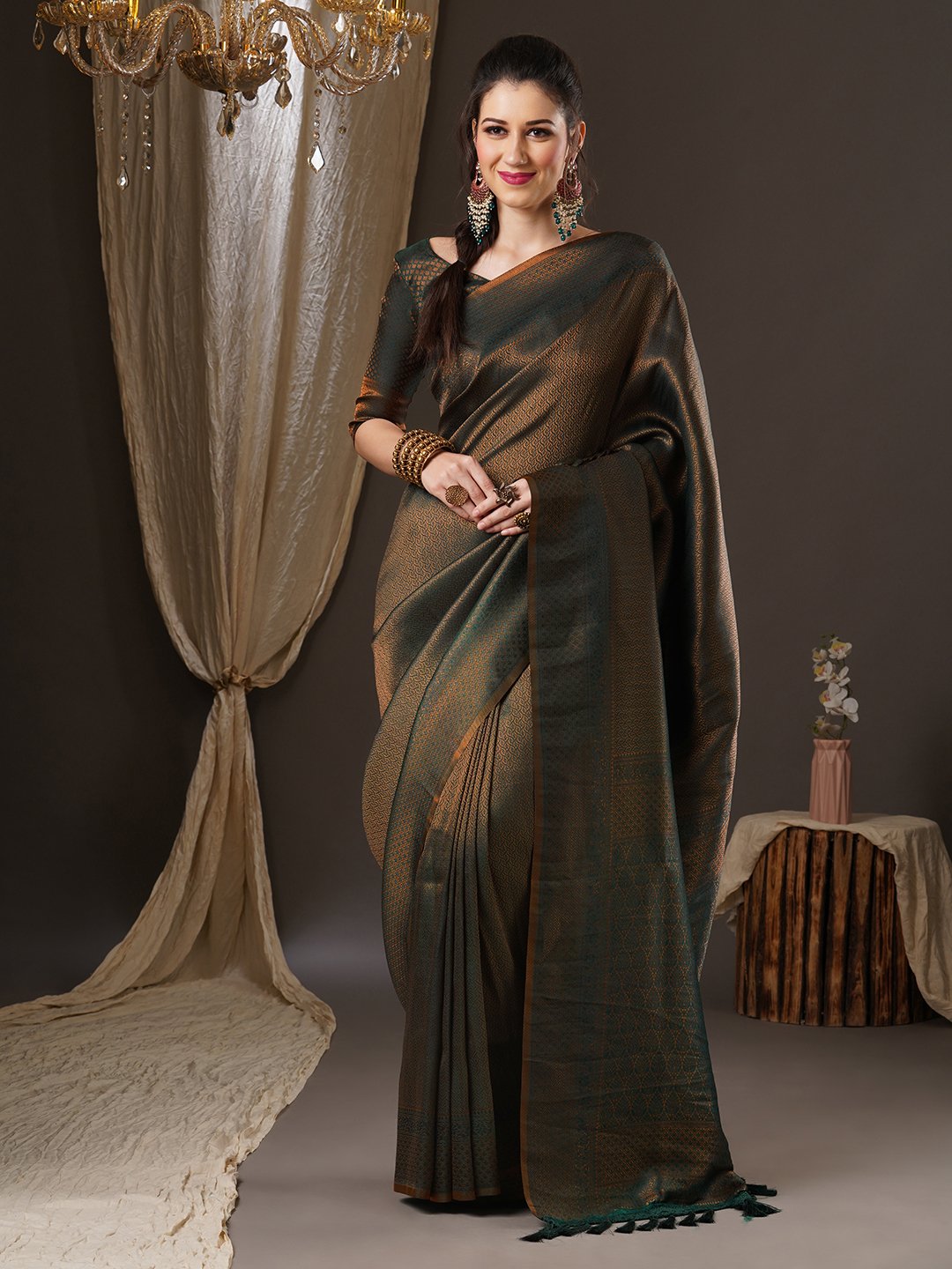 Green DarkGreen Kanjeevaram Georgette Woven Saree