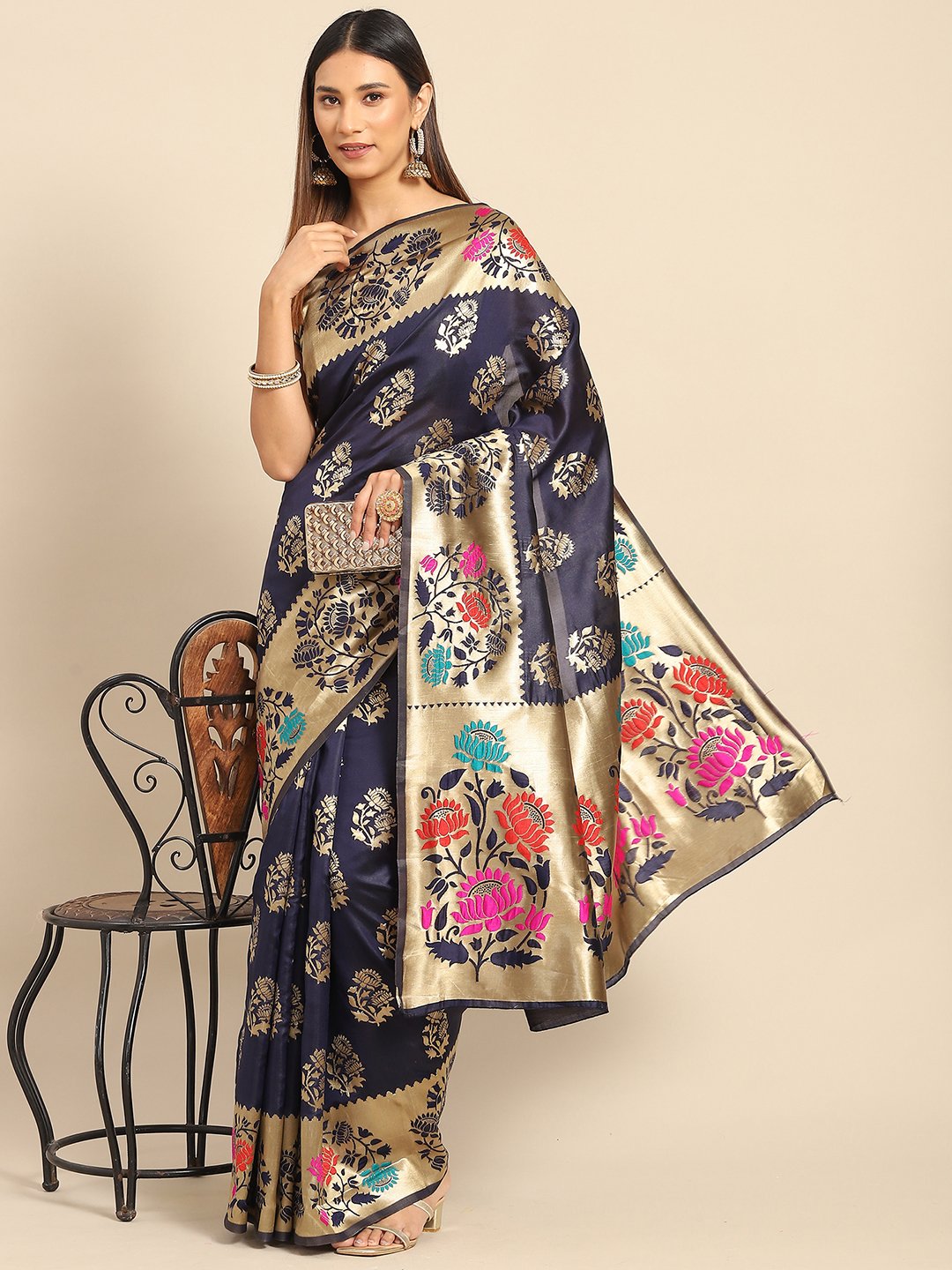 Blue NavyBlue Banarasi Silk Blend Woven Saree