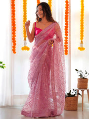 Sharvani Mauve Organza Sheer Embroidery Saree - The Dori Store