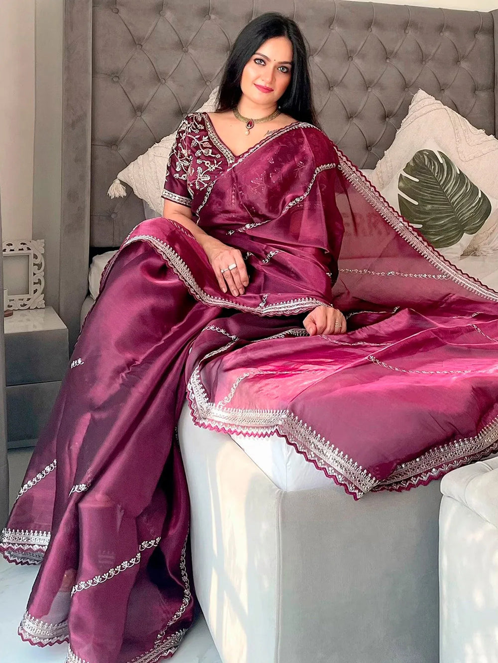 Riva Purple Organza Partywear Saree - The Dori Store