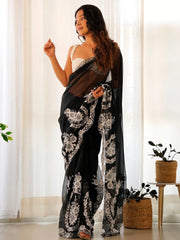 White and Black Organza Silk Saree - The Dori Store