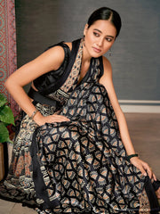 Ethnic Black Ajrakh Crepe Silk Saree - The Dori Store