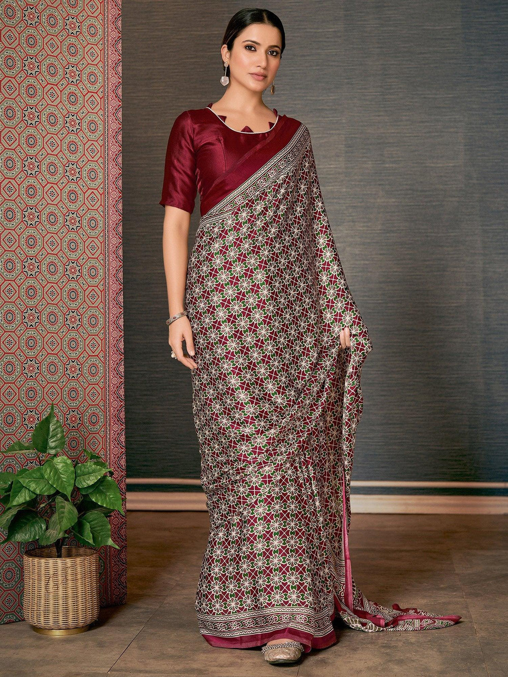 Maroon Ajrakh Crepe Silk Saree - The Dori Store