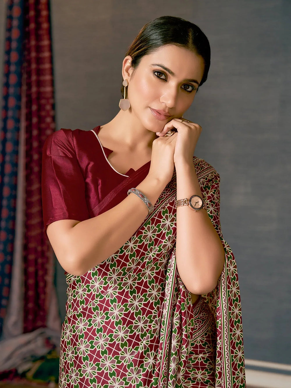 Maroon Ajrakh Crepe Silk Saree - The Dori Store