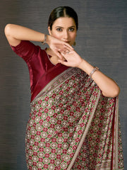 Maroon Ajrakh Crepe Silk Saree - The Dori Store