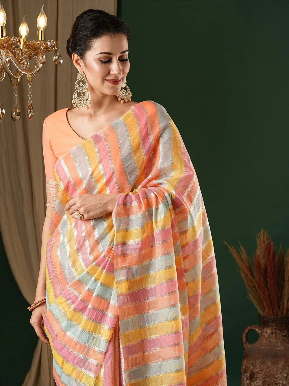 Peach Banarasi Silk Cotton Woven Saree - The Dori Store