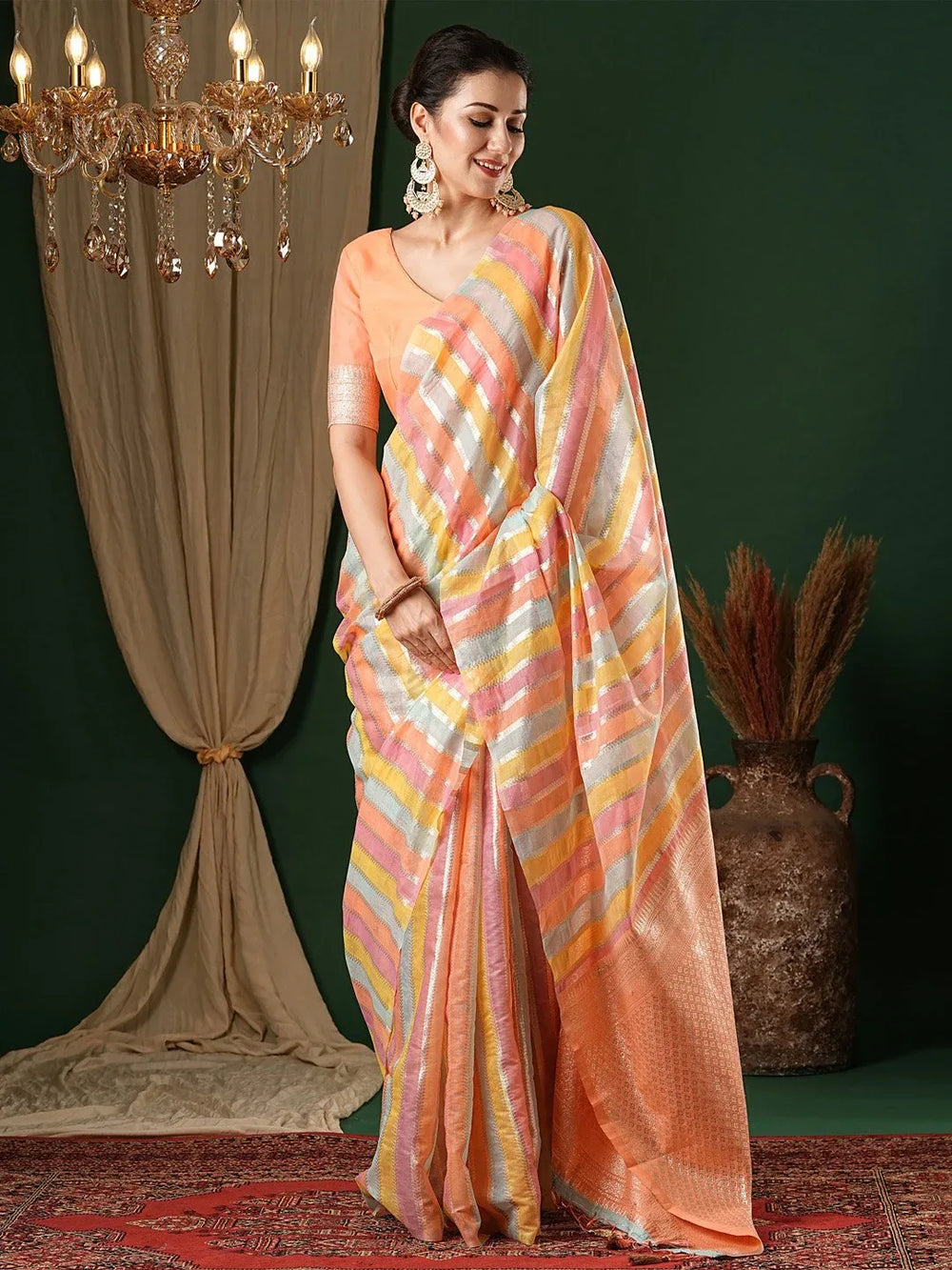 Peach Banarasi Silk Cotton Woven Saree - The Dori Store