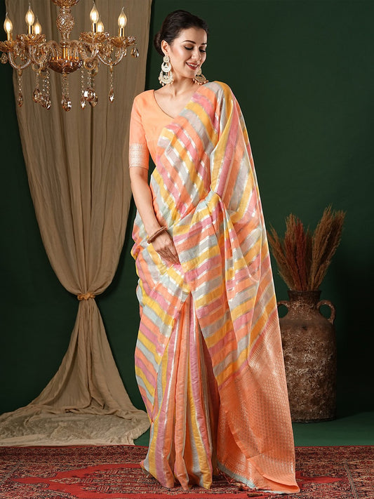 Pink Peach Banarasi Silk Cotton Woven Saree