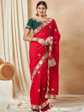 Greenish Red Designer Vichitra Silk Saree - The Dori Store
