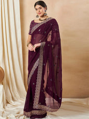 Plum Purple Designer Georgette Saree - The Dori Store