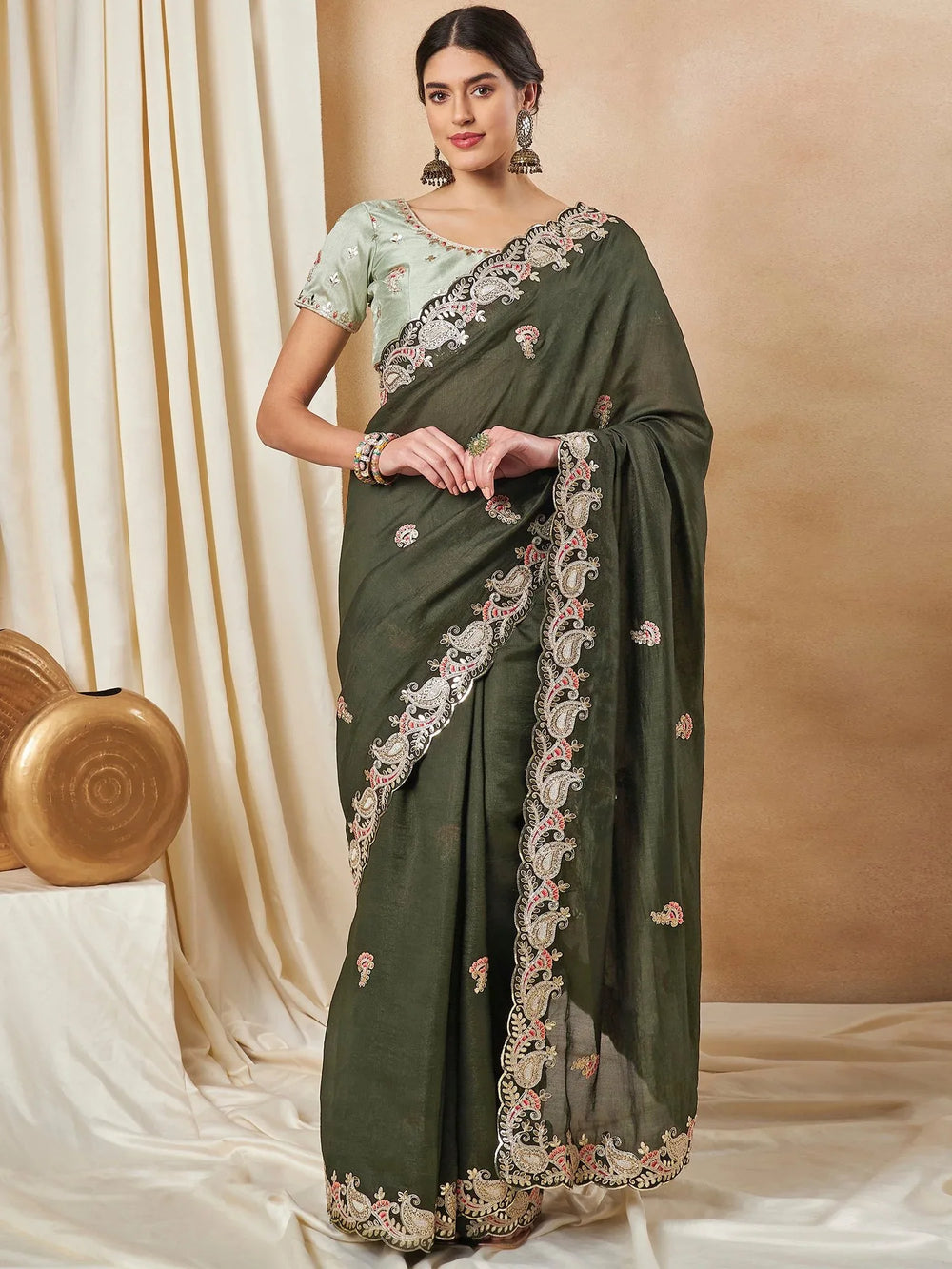 Olive Green Designer Net Saree - The Dori Store