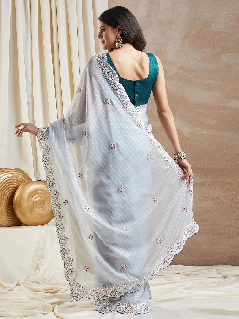 Light Grey Designer Georgette Saree - The Dori Store