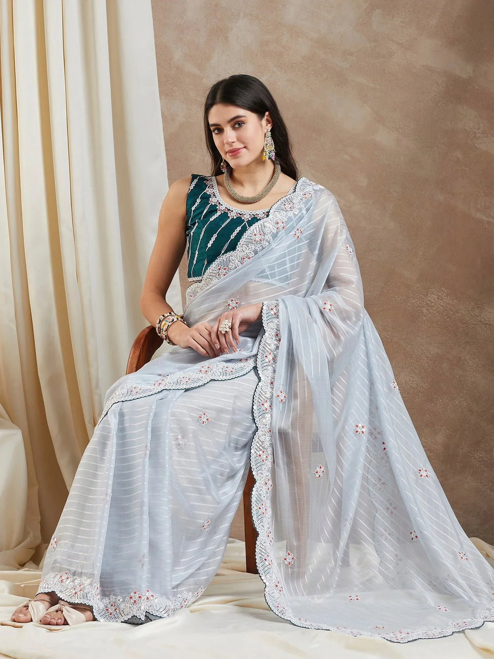 Light Grey Designer Georgette Saree - The Dori Store