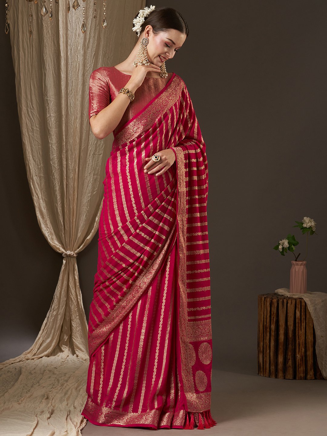 Pink Kanjeevaram Georgette Woven Saree